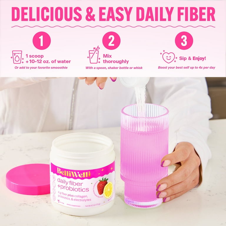 BelliWelli Daily Fiber Supplement with Probiotics, Electrolytes, and Collagen - Strawberry Lemonade, 6.4 oz