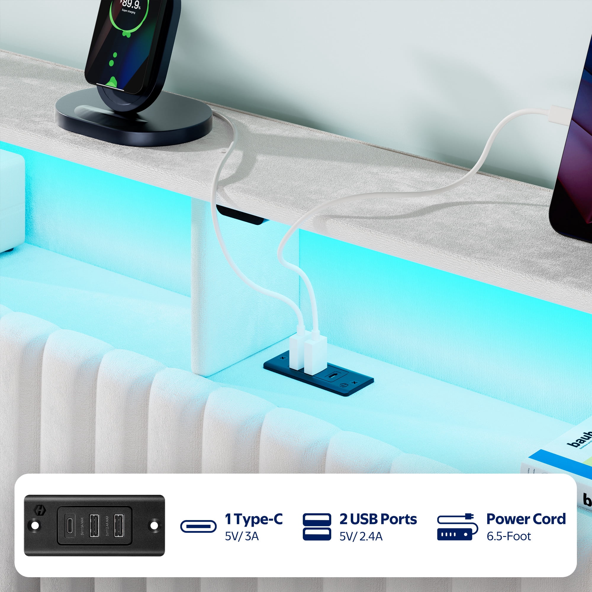 Greenstell Twin Size Adjustable Storage Headboard Only - Modern Upholstered Head Board with LED Lights, Charging Station & Soft Padding, White
