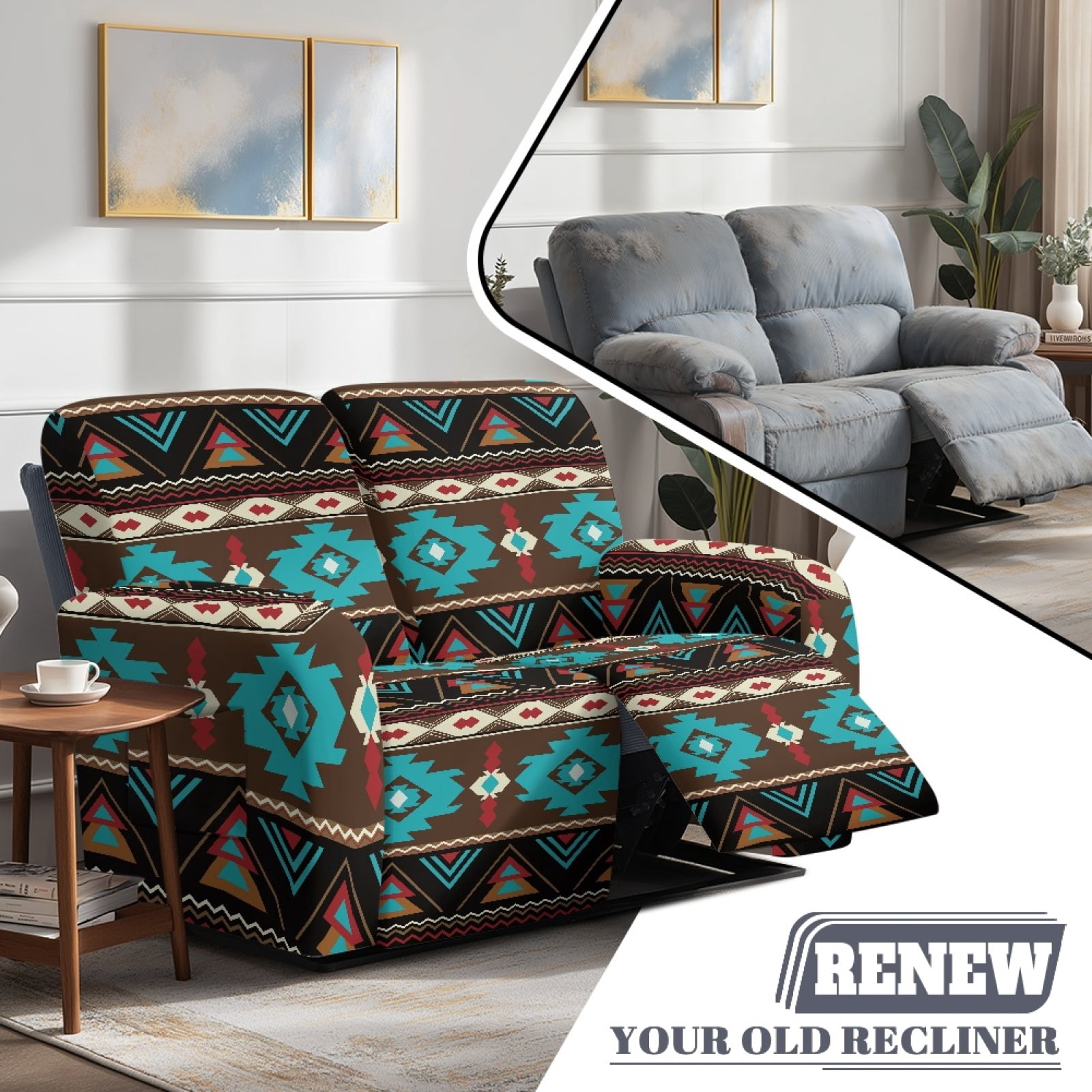 Xoenoiee Aztec American Tribal Print Stretch Loveseat Recliner Covers 6-Piece Recliner Sofa Covers with Pockets Jacquard Reclining Couch Covers Furniture Protector with Elastic Bottom