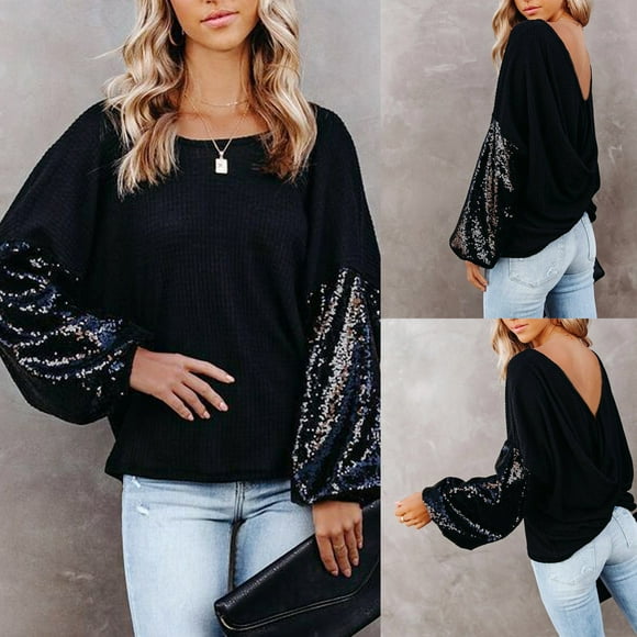 Aboser Women's Sequin Backless Blouses Evening Party Dressy Tops Oversized Long Sleeve Shirts Casual Shimmer Glitter Blouse Crewneck Pullover Top