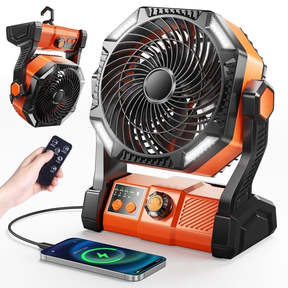 20000mAh Camping Fan with LED Light, Rechargeable Portable Table Fan, Upgrade Knob Adjustment 8 Speed with Remoter, Hook, Timer, Tent Fans for Fishing, Hurricane, Power Outage Essentials