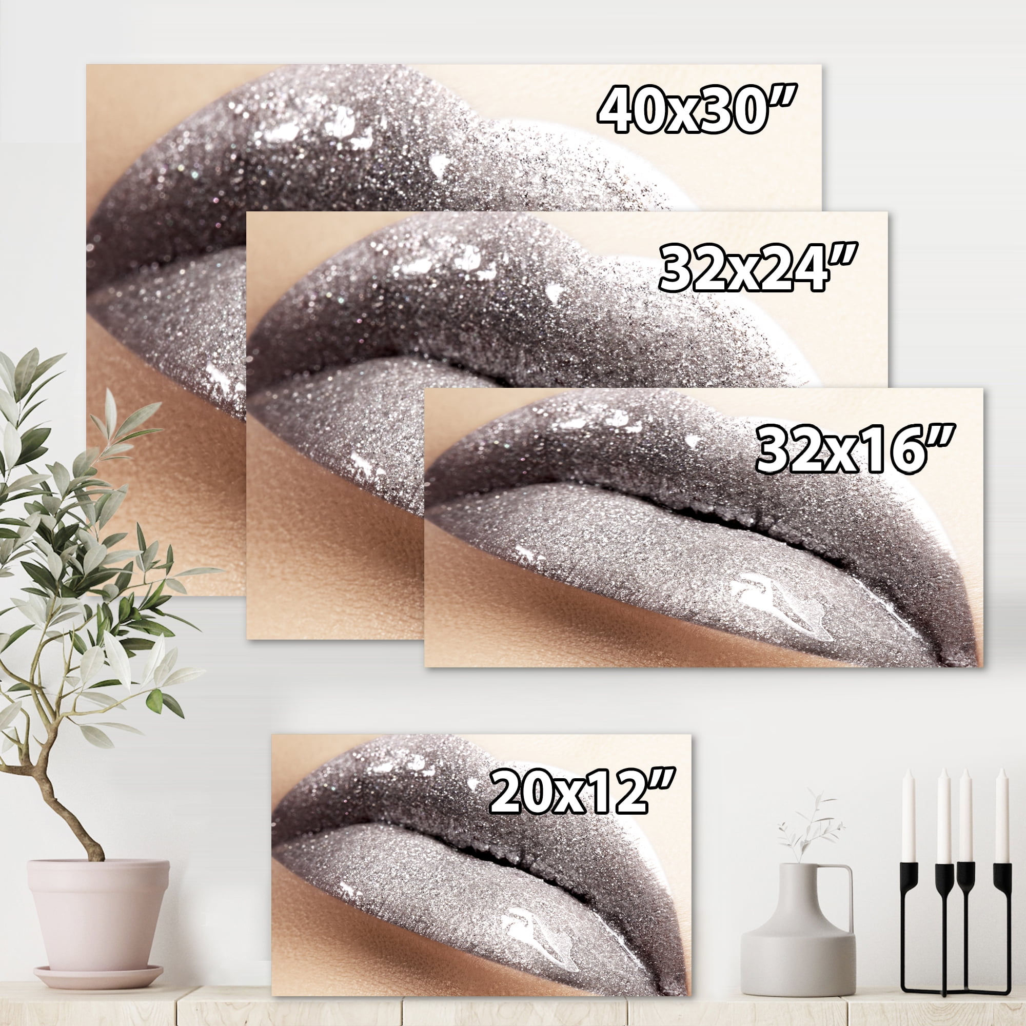 Designart ' Close Up of Female Lips With Glittering Silver ' Modern Canvas Wall Art Print