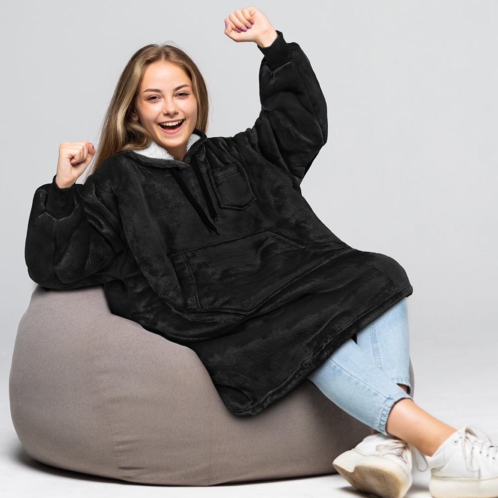 PAVILIA Wearable Blanket Sweatshirt for Kids Boy Girl Black, Warm Cozy Giant Blanket Hoodie, Fleece Sherpa Oversized Blanket Sweatshirt with Sleeves, Big Pocket, Christmas Gift