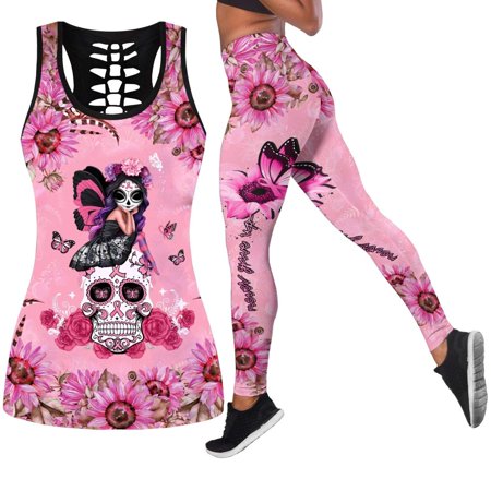 Women 2 Piece Outfits Skull Printed Tank Tops Yoga Leggings Sportwear  Tracksuits Jogger Set Activewear Yoga Outfit Suits 