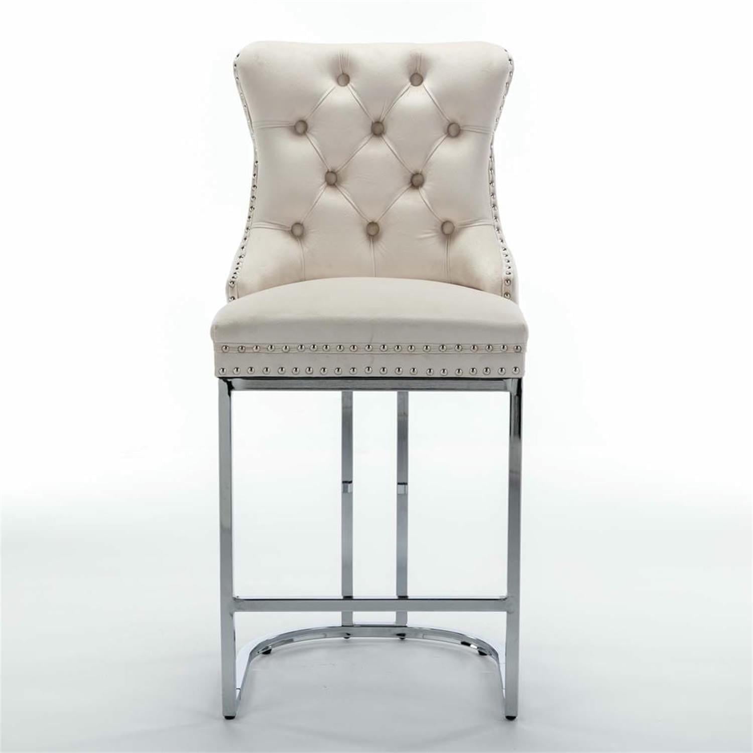 Demi Bonn 39" Counter Height Bar Stools Set of 2, Velvet Barstools with Button Backrest, Kitchen Island Countertop Chairs for Dining Room, Beige