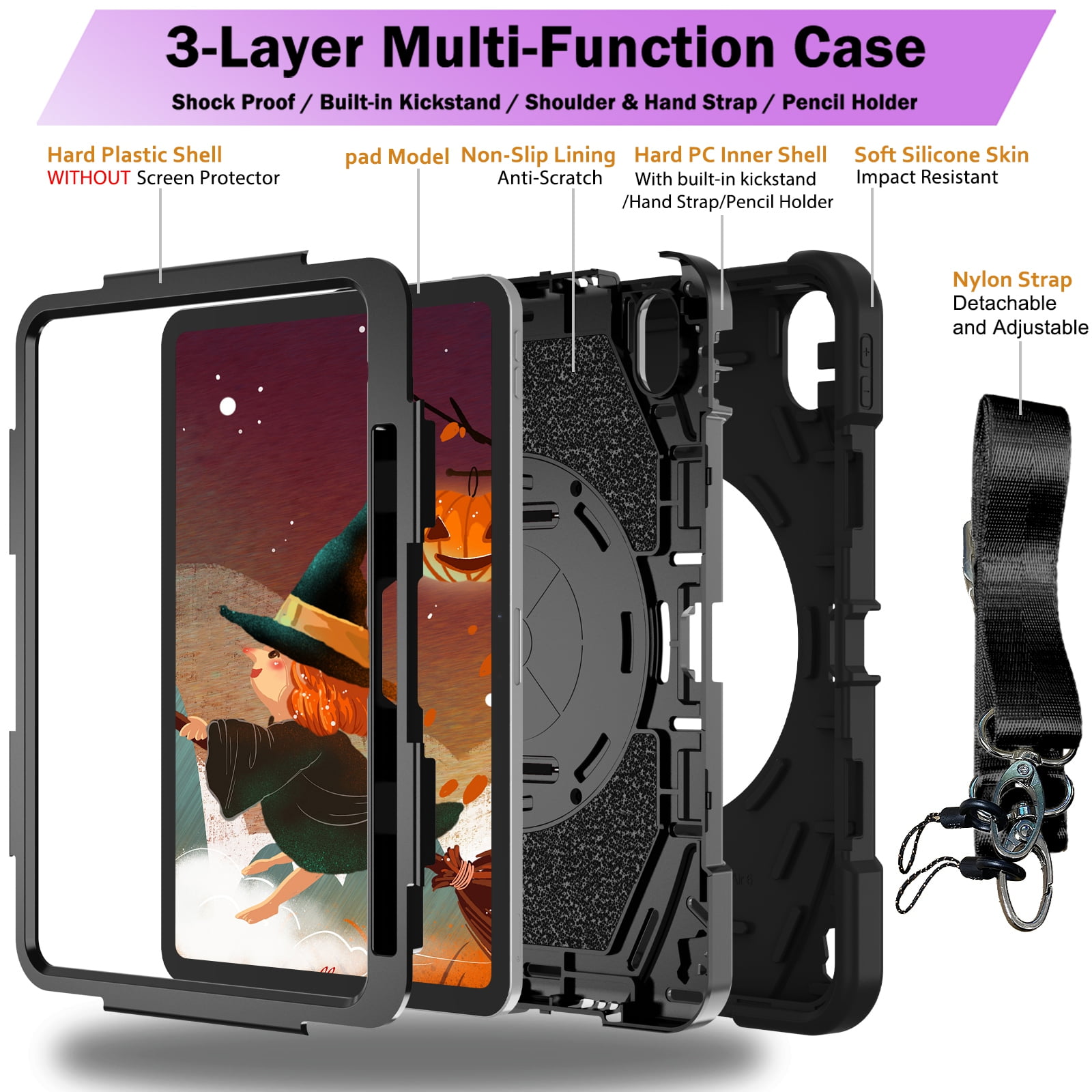 ELEHOLD Case for Apple iPad 10th Gen, Heavy Duty Shockproof Case with Pencil Holder/Stand/Hand Strap/Shoulder Belt, Rugged Protective Cover for Boys Girls,Black