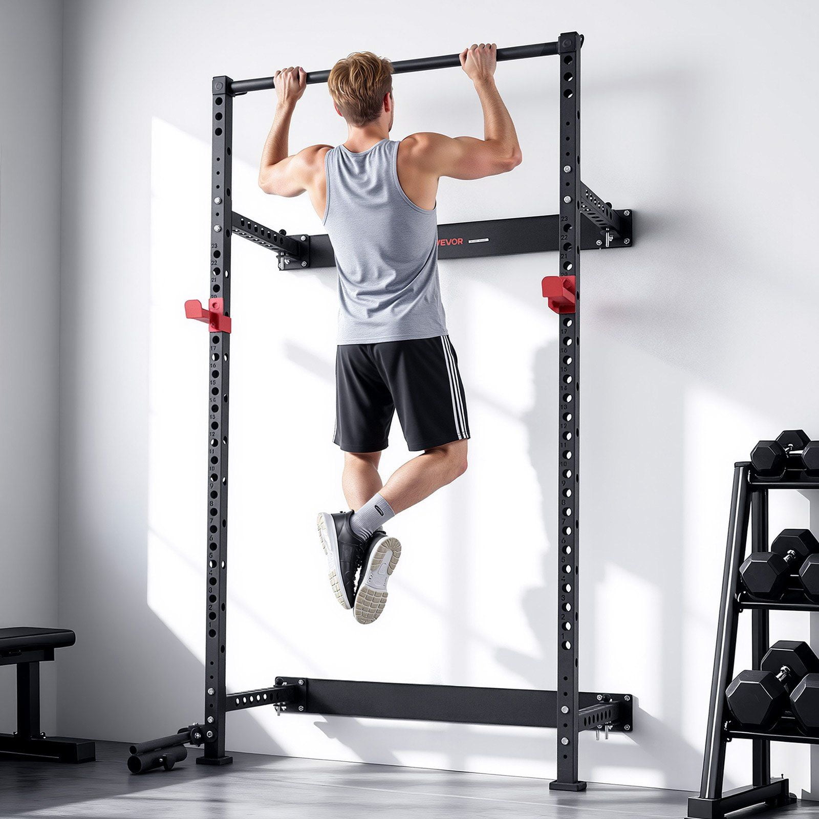 Folding Wall Cage, 1000lb, Landmine, J-Hooks, Pull-Up Bar for Home