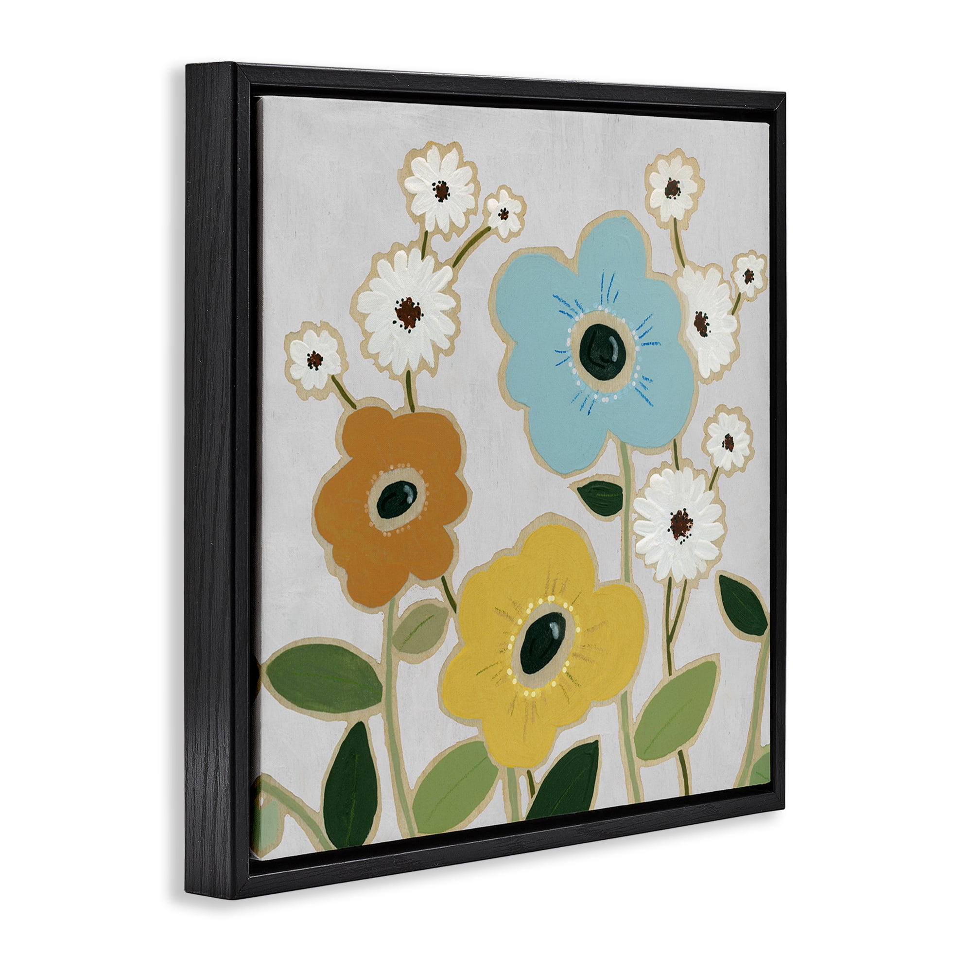 Stupell Industries Primary Hued Blossoms Plants & Flowers Painting Black Floater Framed Canvas Art Print Wall Art, 18 x 18