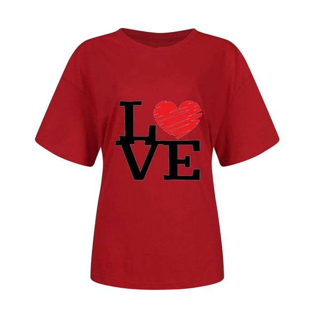 Pompotops T-shirt à Manches Courtes pour Femmes Imprimé Saint-Valentin Col Rond