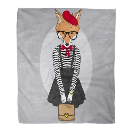 SIDONKU Throw Blanket Warm Cozy Print Flannel of Foxy Girl Dressed Up in French Retro Hipster Comfortable Soft for Bed Sofa and Couch 58x80 Inches
