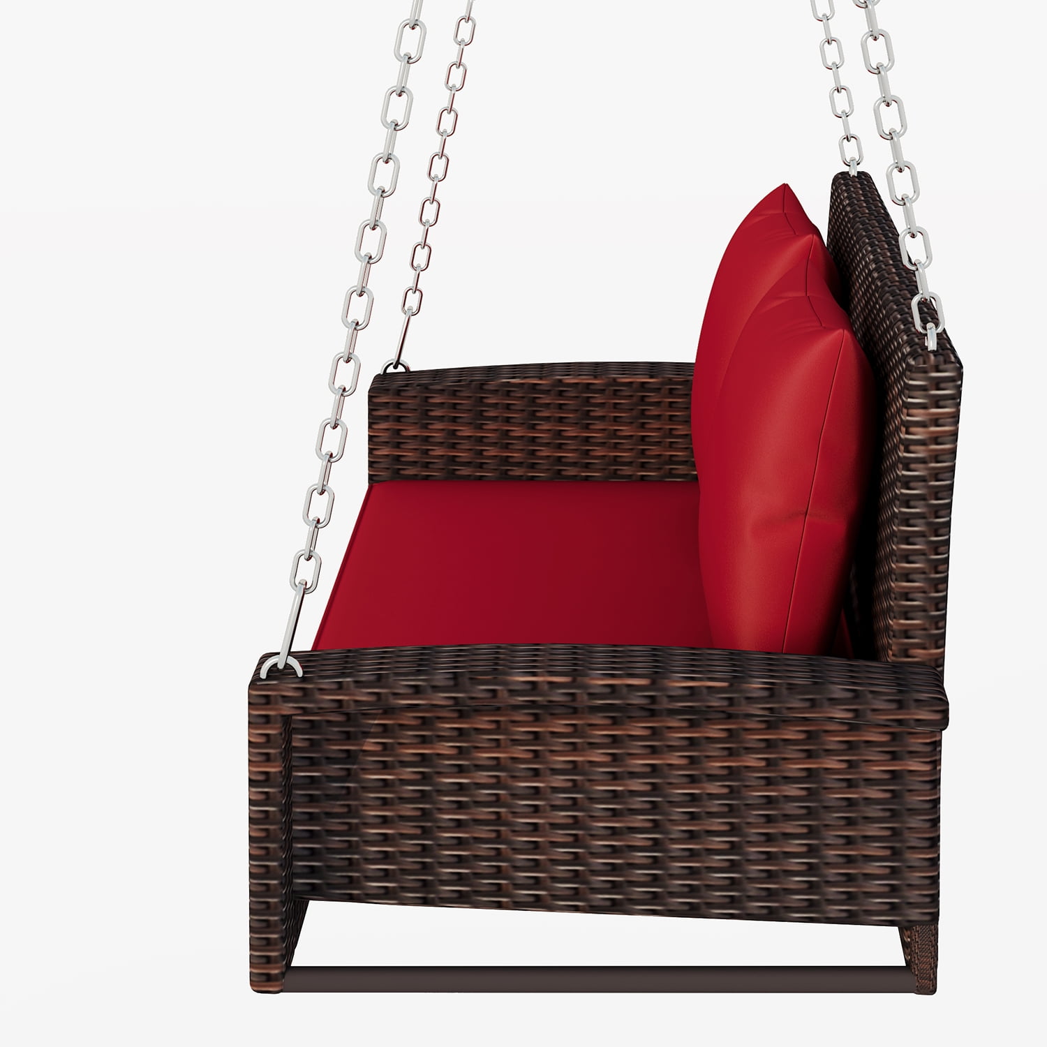 Kadyn 2-Person Wicker Hanging Porch Swing, Rattan Swing Bench with Chains, Cushion and Pillow, Outdoor Swing Chair for Garden, Backyard, Brown-Red Kadyn 2-Person Wicker Hanging Porch Swing, Rattan Swing Bench with Chains, Cushion and Pillow, Outdoor Swing Chair for Garden, Backyard, Brown-Red