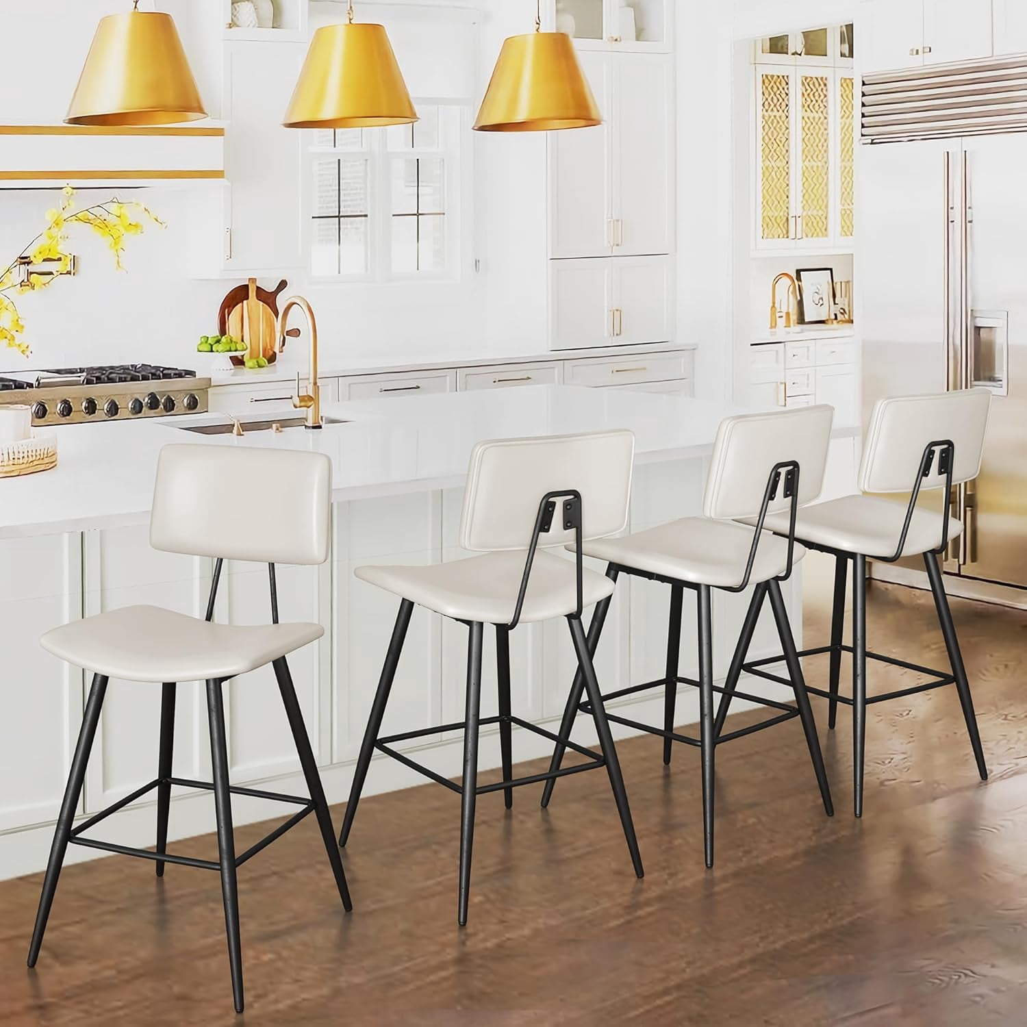 Dycanpo 24.5" Counter Height Bar Stools Set of 4, Faux Leather Upholstered Barstools, White