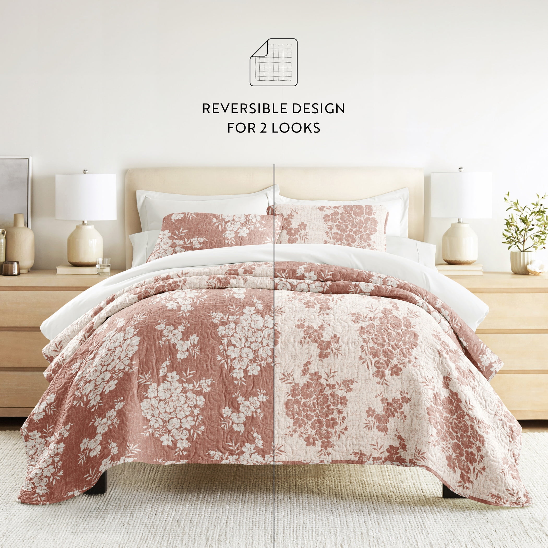 Noble Linens 3-Piece Terracotta Distressed Bouquet Reversible Quilt Set, Twin