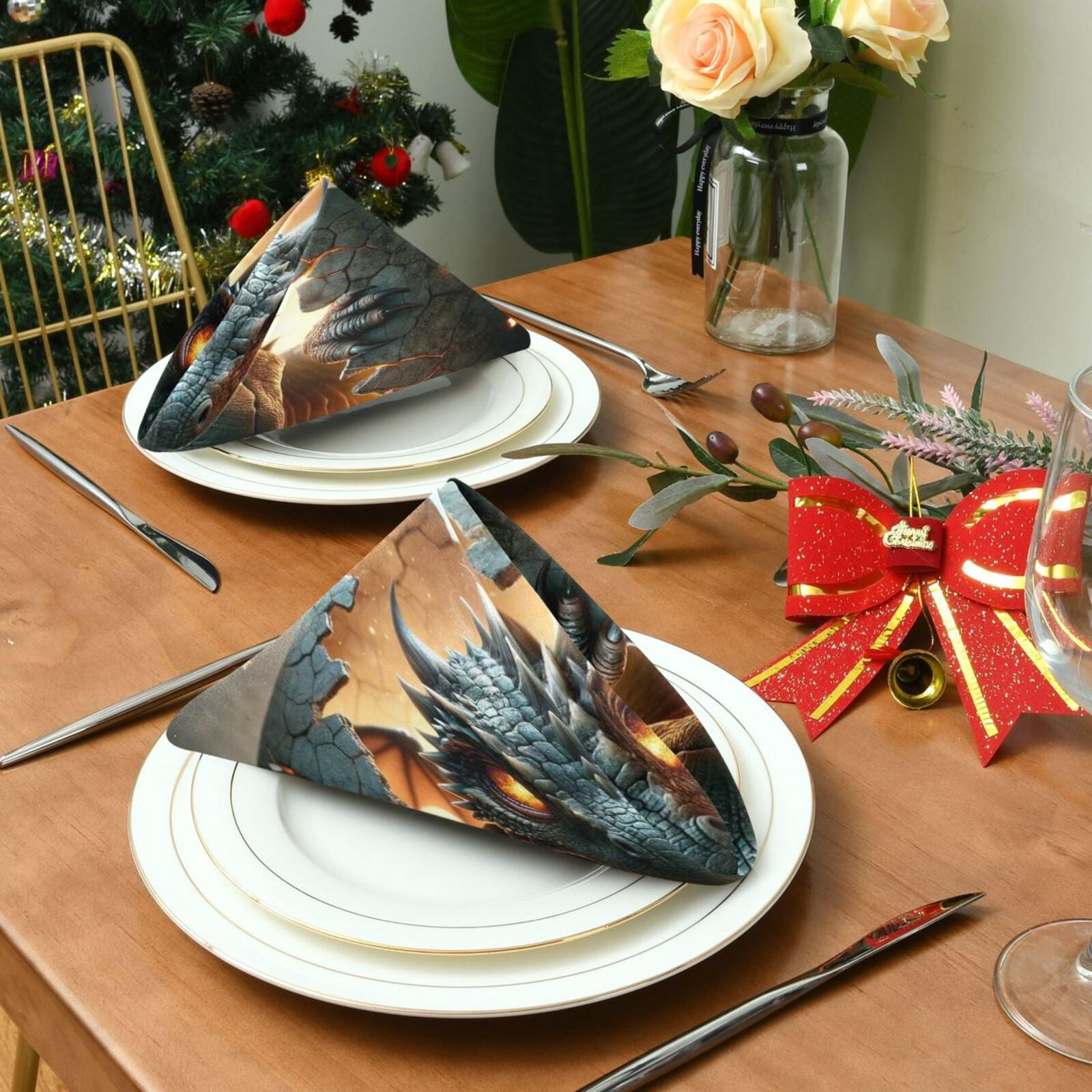 JSTEL Baby Dragon Cloth Napkins Set of 6, 20x20 Inch Washable and Reusable Napkin for Decoupage Dinner Party Everyday Use