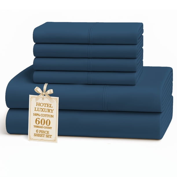 Casa Platino Juego de Sábanas de Algodón de Tamaño Matrimonial – Algodón de Fibra Larga de 600 Hilos, Bolsillo Profundo, Resistente a las Arrugas, 4 Fundas de Almohada – Azul Finca
