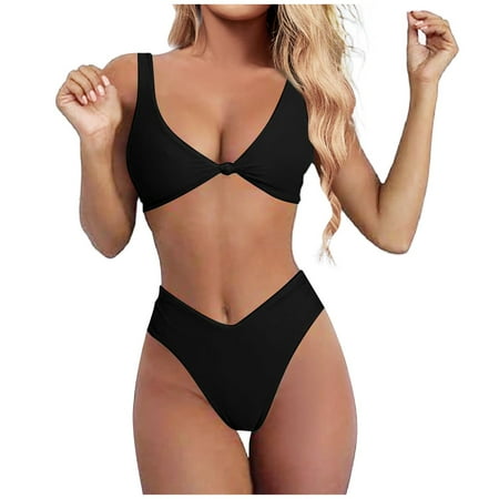 ZRBYWB Women Swimsuit Bikini Set For Female Solid Color V Neck Knot Front Push Up High Leg Thong 2 Piece Swimsuits Sexy Bathing Suit
