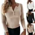 thumbnail image 1 of Ladies Tshirts Henley Casual Solid Long Sleeve Button V Neck Ribbed Tunic Blouse Womens Shirts Summer Beige M, 1 of 9