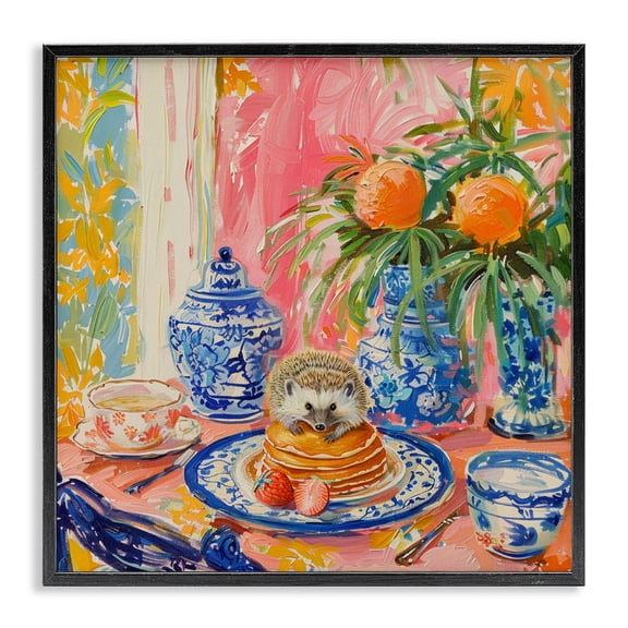 Stupell Industries Pancakes Stack & Hedgehog Plants & Flowers Painting Black Framed Art Print Wall Art, 12 x 12