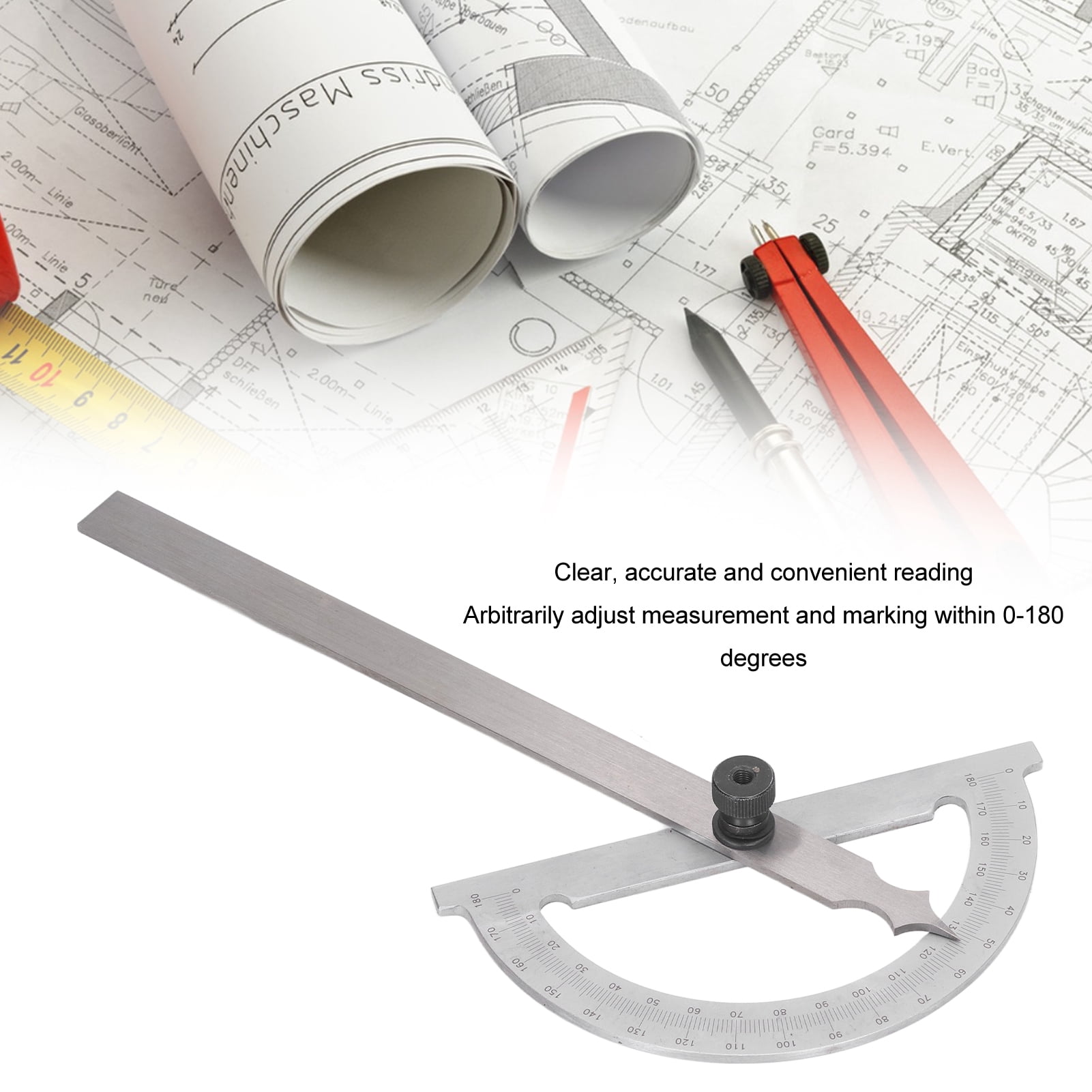 LAZIOEGR Carbon Steel Angle Protractor 0-180 Degree Angle Finder Woodworking Ruler Measure Tool, 5.91 x 7.87 inches / 150 x 200 mm, Silver