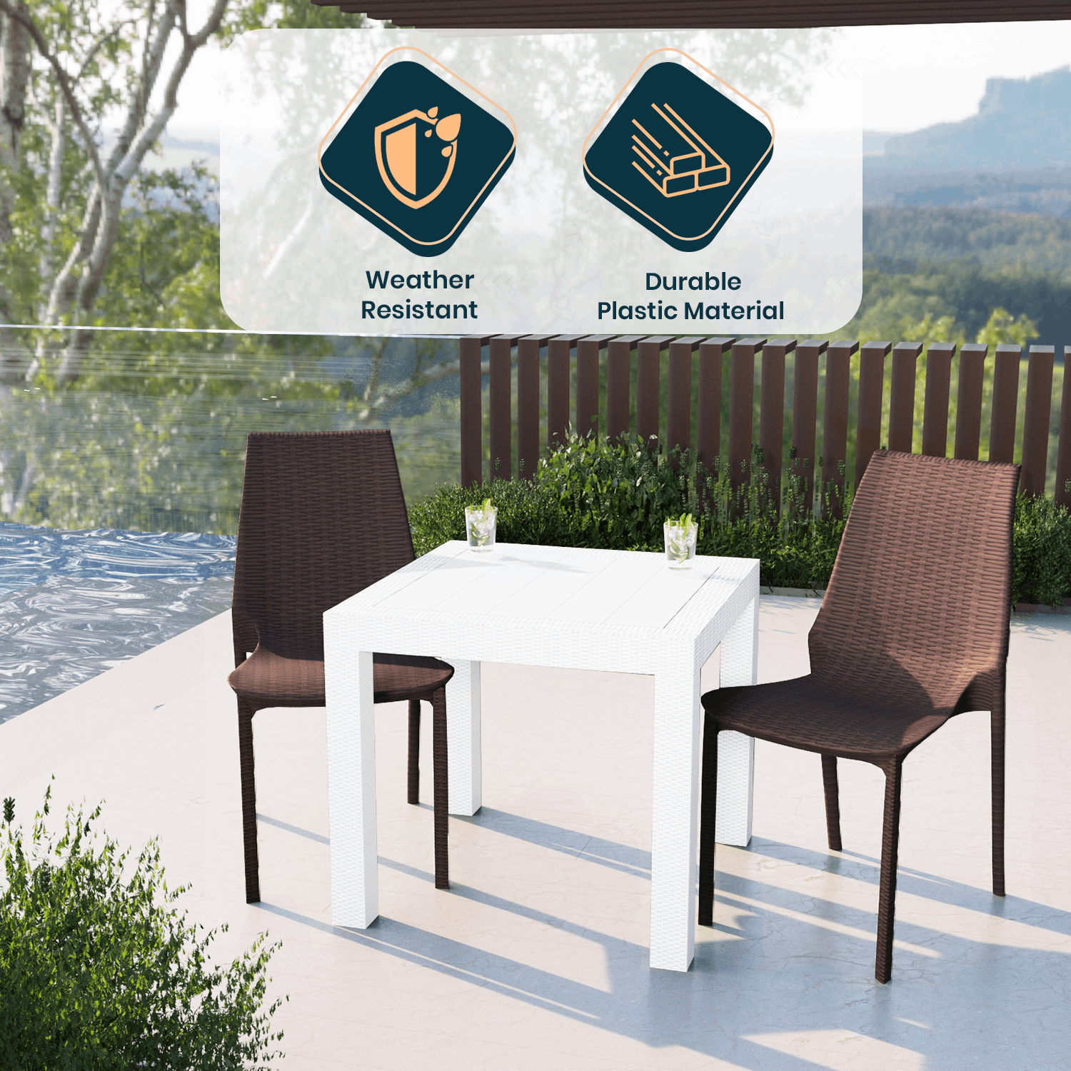 LeisureMod Kent Mid-Century Modern Weave Design 2-Piece Outdoor Patio Dining Set with Plastic Square Table and 2 Stackable Chairs for Patio, Poolside, and Backyard Garden (White/Brown) - image 2 of 18
