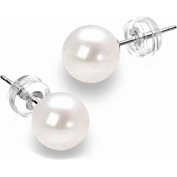 Round White Freshwater Cultured Pearl Stud Earrings, Sterling Silver 18K Gold Plated Hypoallergenic Earring Studs Jewelry For Women- AAAA Quality