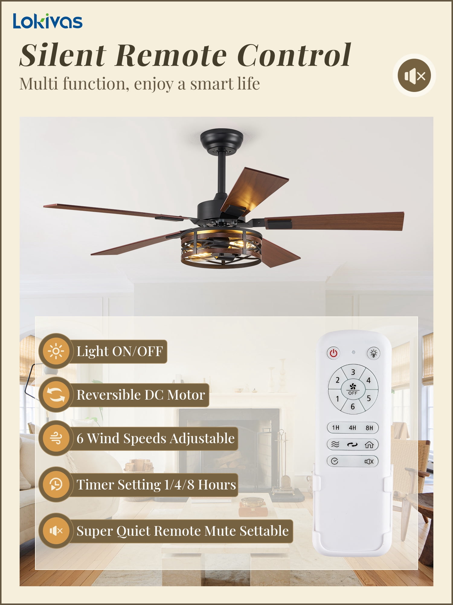 Lokivas 48in Farmhouse Ceiling Fan with Lights, 6-Speed, Remote Control, Quiet DC Motor
