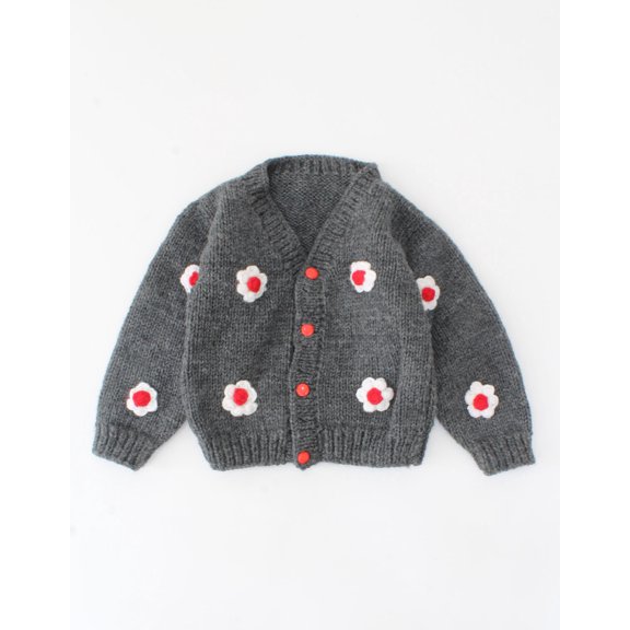 Woonie Handmade Full Sleeves Floral Design Sweater-Grey