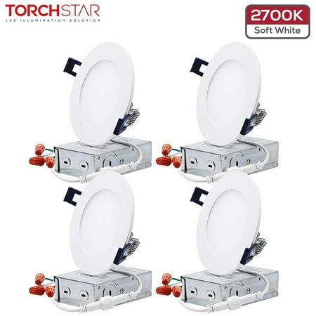 

TORCHSTAR 4 Inch Ultra-Thin Dimmable LED Recessed Downlight with J-box for Living Room Garage 10.5W(Eqv.50W) 2700K Soft White Pack of 4