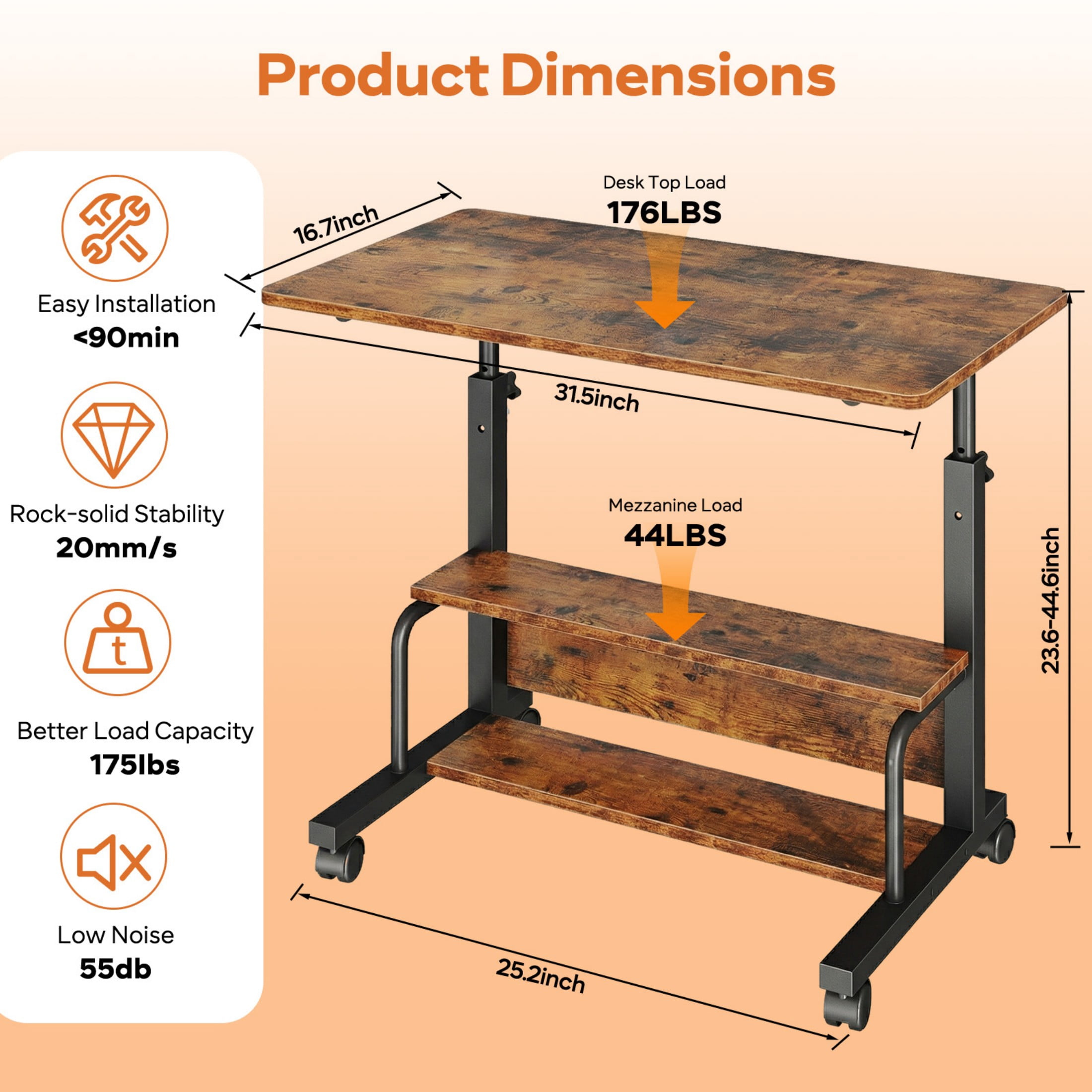 CONCETTA 31.5'' Adjustable Height Rolling Computer Desk with Storage Shelves, Portable Mobile Desk for Small Spaces Home Office, Rust