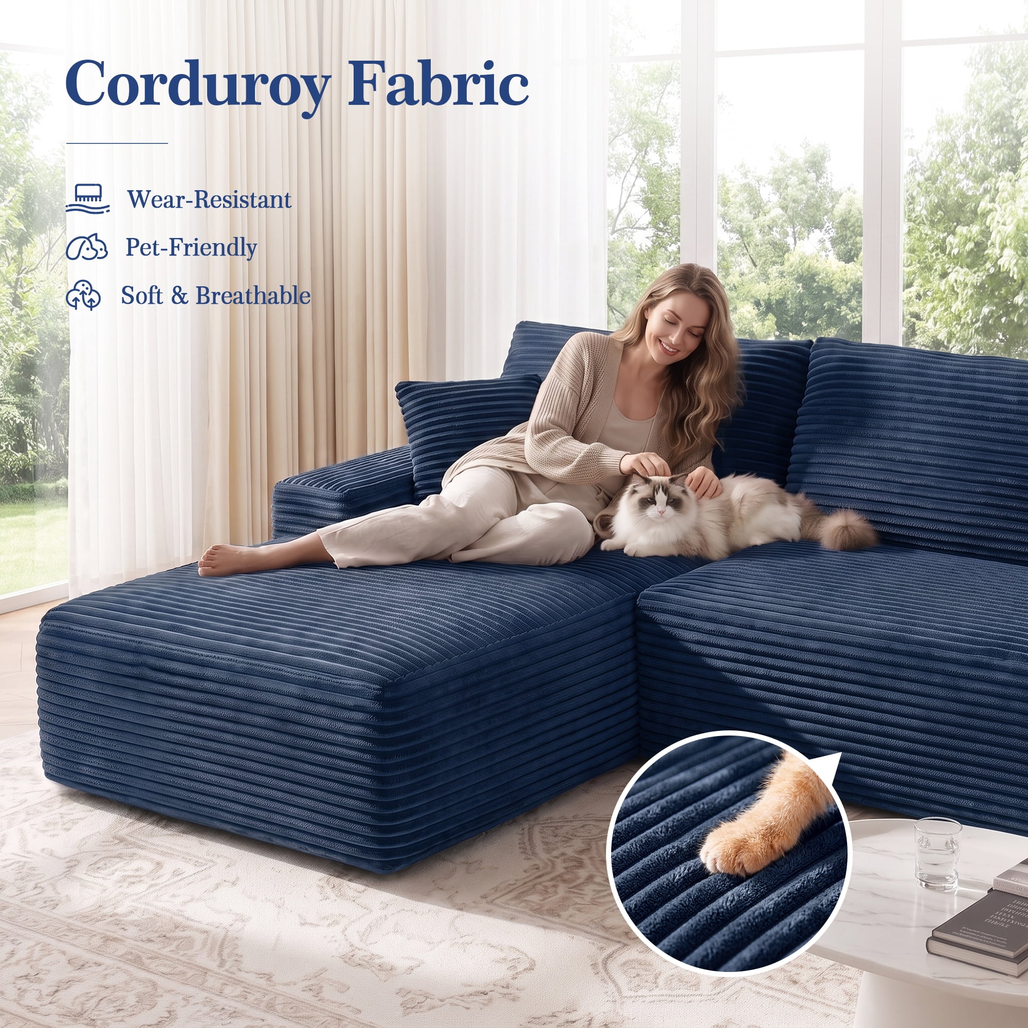 Aukfa 107" Boneless Modular Sectional Sofa, L-Shaped Corduroy Couch with Deep Seat and Left-Facing Chaise for Living Room, Blue