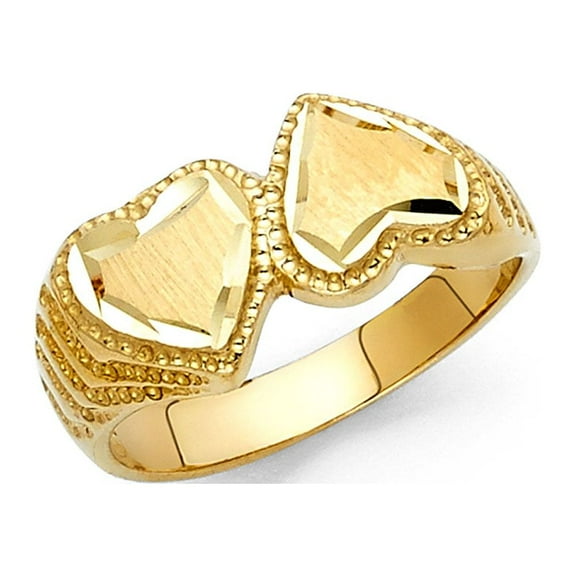 Two Hearts Together Love Ring Solid 14k Yellow Gold Diamond Cut Polished Genuine Fancy 10MM Size 7