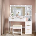 thumbnail image 2 of Tcbosik Modern Vanity Desk with Lighted Mirror and Charging Station, Makeup Table with Cushioned Stool, Dressing Table with Open Shelves and 5 Storage Drawers, White, 2 of 7