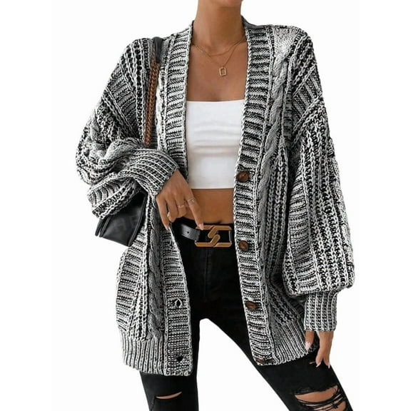 Women'S Fall Winter Casual Oversized Cardigan Sweater Long Sleeve V Neck Cable Knit Outerwear Coat Black S