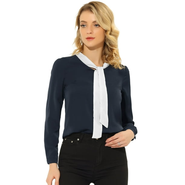 Blusa de Oficina Allegra K de Manga Larga con Cuello de Lazo En Contraste para Mujer Azul Marino XS