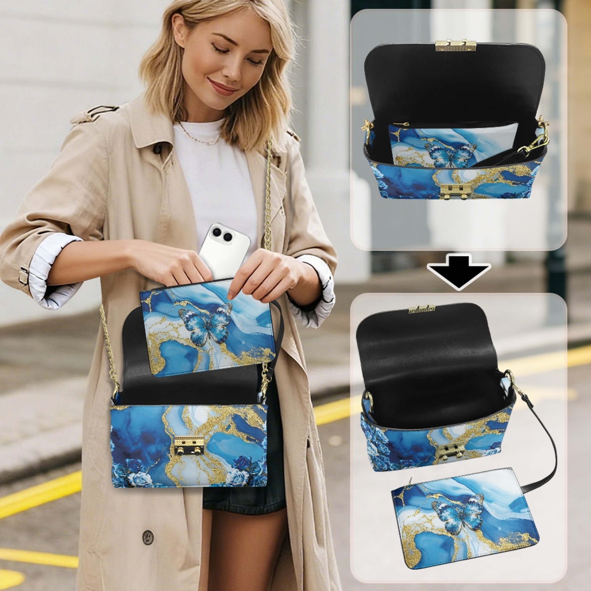TSOVTHRID Leather Crossbody Purse for Women Waterproof Shoulder Purse with Detachable Chain Small Crossbody Bags Handbags for Travel Party, Blue Butterfly Rose Marble Texture Print