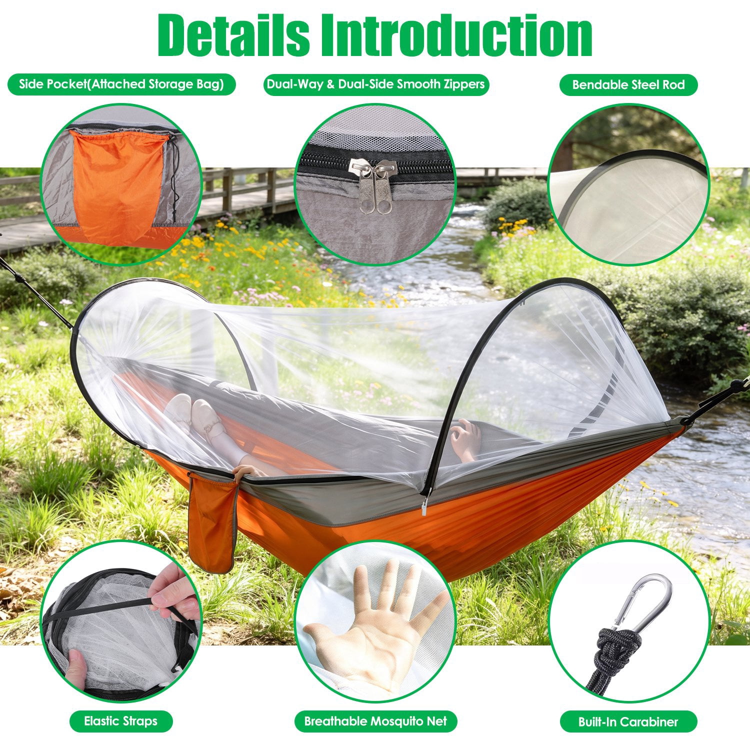 Pop-Up Mosquito Net Camping Hammock 3-in-1 Dual Zipper Hammock Tent, Lightweight 70D Nylon Portable Single Hammock Holds 440LBS with Side Pocket for Hiking Backpacking