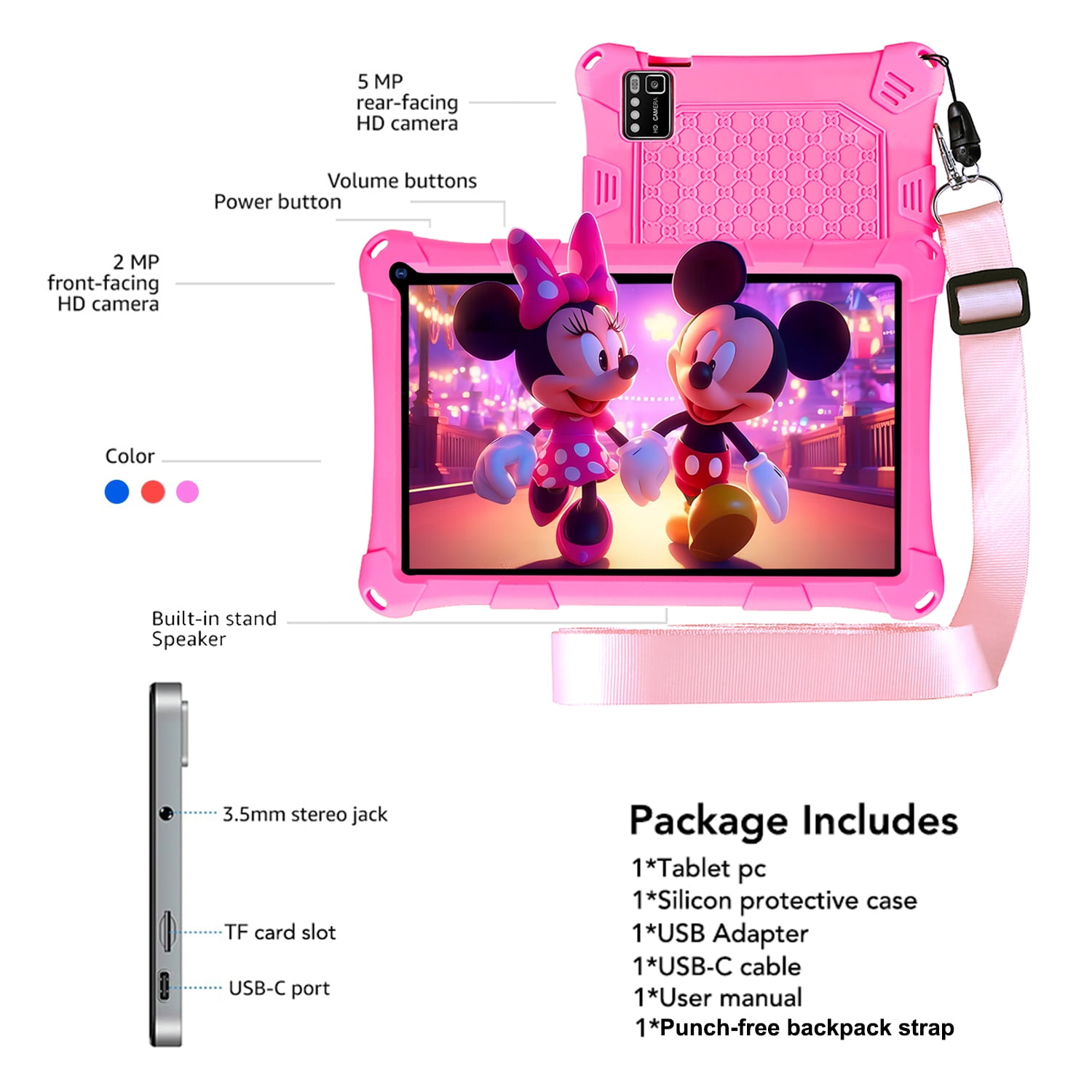 Thunrlge Kids Tablet, 7-Inch Kids Tablet, Android Tablet, 3+5 RAM 64GB ROM (TF CARD 256GB) Google Certified, Kids Software Pre-Installed, WiFi, Shockproof Case, Gift for kids, (Pink)