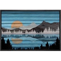 PixonSign Framed Canvas Print Wall Art Blue Sky Lake Mountain Range Nature Wilderness Digital Art Wood Panel Landscape Farmhouse/Country Relax/Calm/Cozy Geometric Abstract - 16"x24" Black