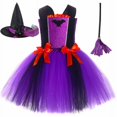 thumbnail image 3 of Disfraz de bruja de Halloween para niñas, vestido de tutú morado y negro para fiesta de carnaval, vestido de tul elegante para niños con murciélago malvado y bruja, 3 of 5