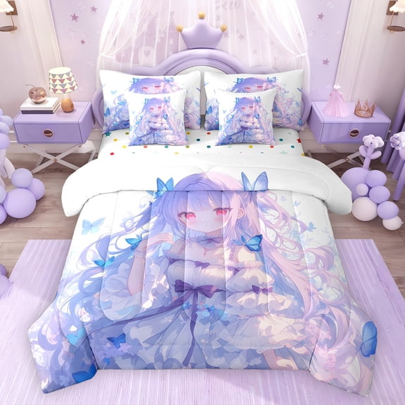Feelyou Japanese Anime Girl Twin Bedding Sets 7pcs, Buttefly Blue Purple Comforter Set