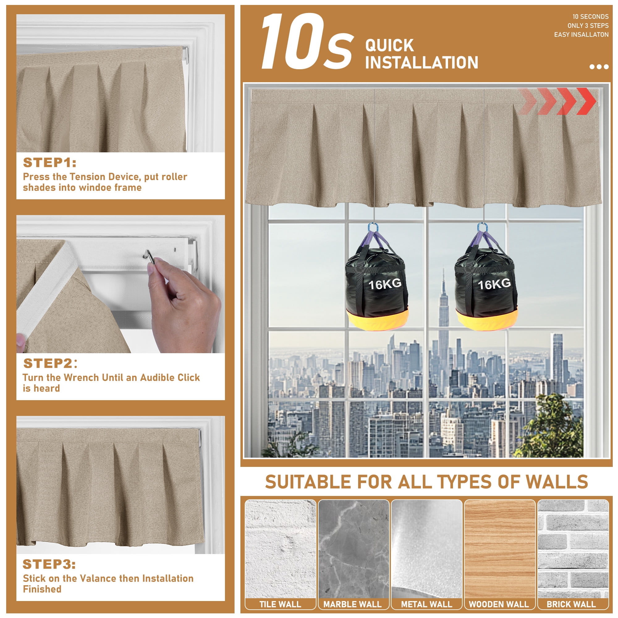 BERISSA No Drill Blinds for Indoor Windows, Blackout Roller Shade With Valance, Room Darkening Noise Reduction Thermal Insulation Roller Blinds for Office and Home,Easy to Install,46"W X 48"H,Brown