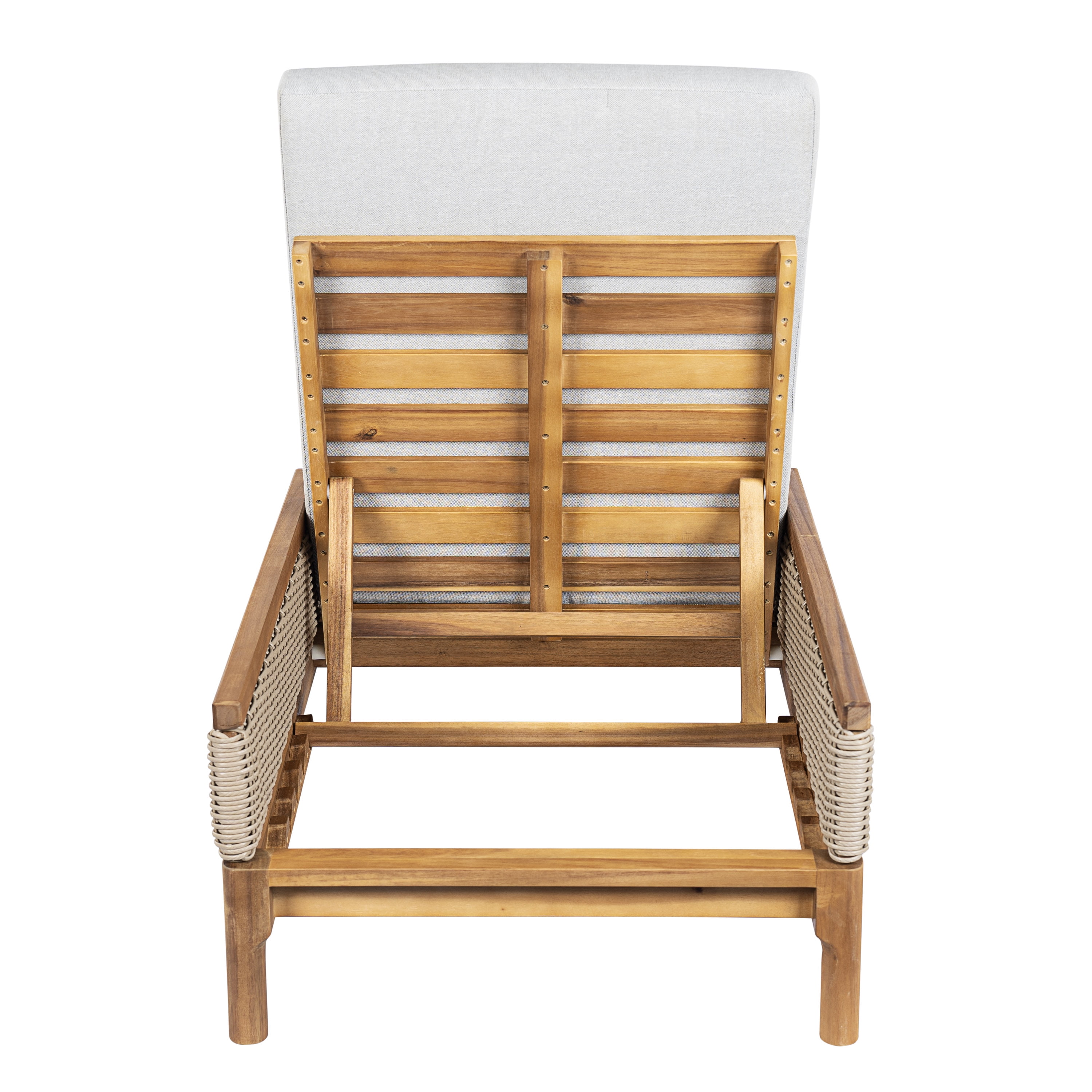 Sun Lounger, Solid Acacia Wood Outdoor Recliner with Grey Cushions and Light Grey Wicker for Garden Deck, Natural and Light Grey