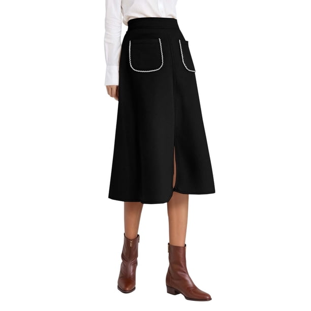 Falda midi evasé de ante sintético para mujer: cintura elástica con bolsillos delanteros para la moda otoño/invierno.