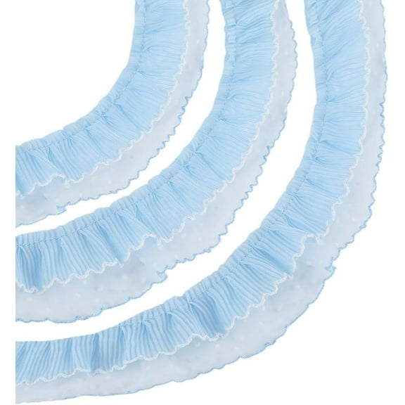 2 Inch Double Layer Sky Blue Lace Ribbon Pleated Organza Ribbon Bridal Fibre Lace Fabric Stretch Hair Ties Edge Trim Bulk Ribbon with Polka Dot