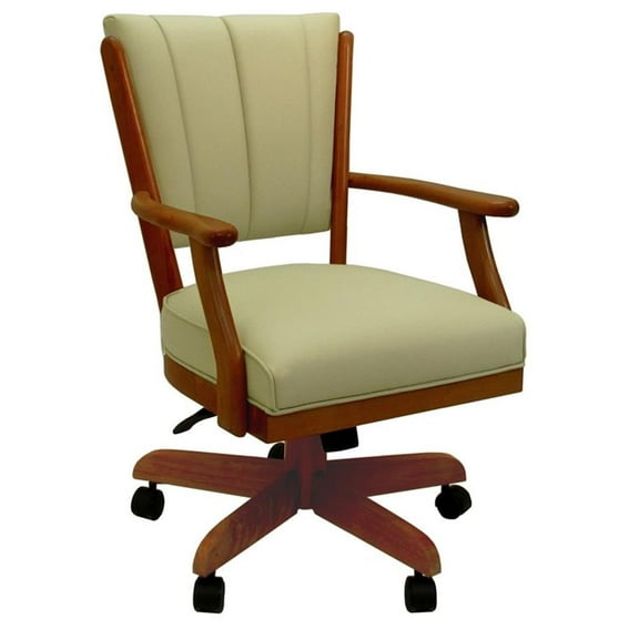 Classic Caster Solid Wood Dining Chair Ocean Beige Vinyl Honey Oak Wood