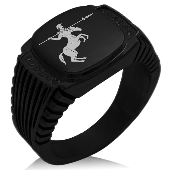 Stainless Steel Greek Mythology Centaur CZ Ribbed Needle Stripe Pattern Biker Style Polished Ring