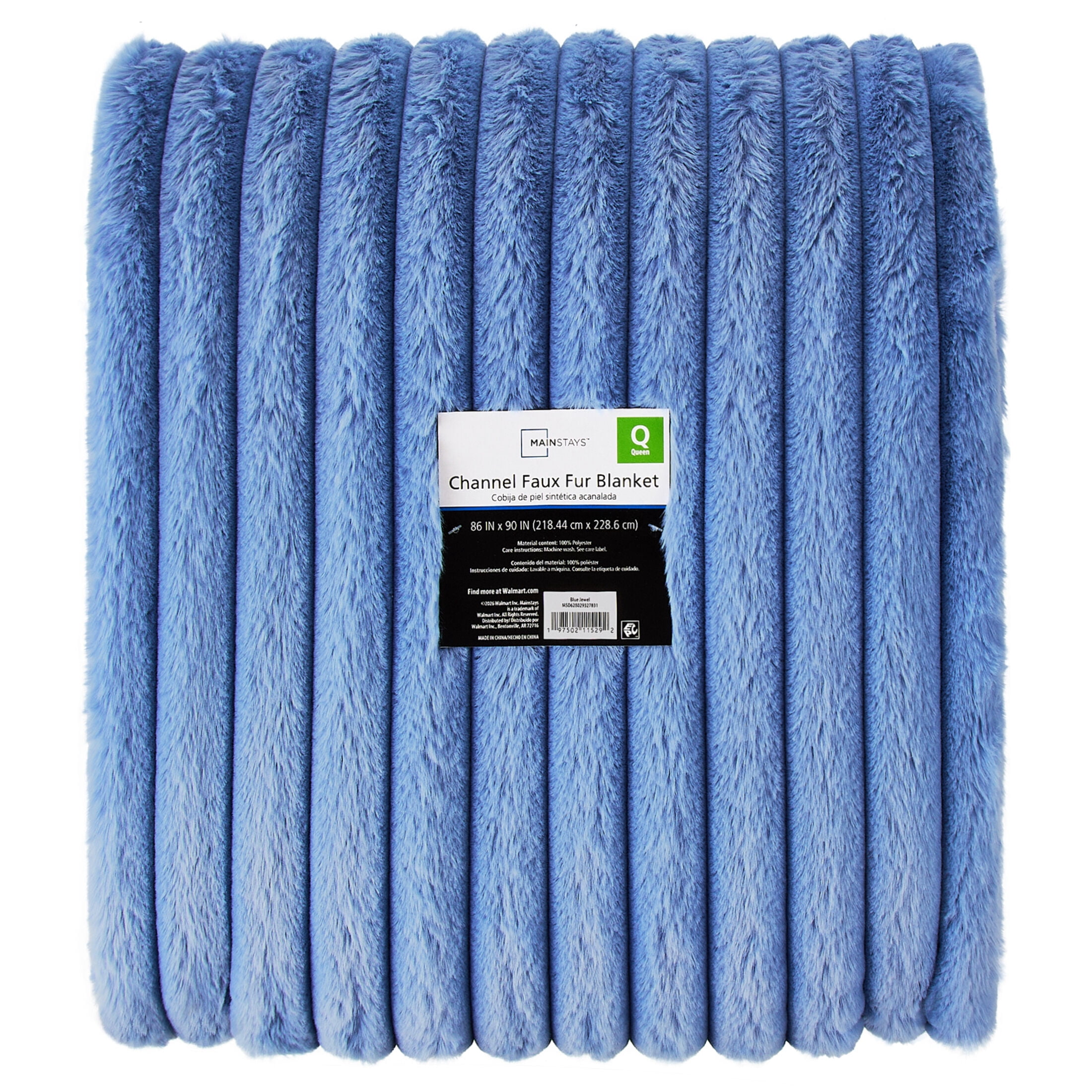 Mainstays Channel Faux Fur Blanket, Blue Jewel, Full/Queen, 86 in x 90 in