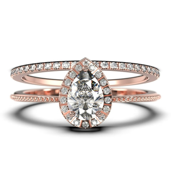 Art deco 1.75 Carat Vintage Pear Cut Diamond Moissanite Engagement Ring Set, Wedding Ring in 10k Solid Rose Gold, Gift For Her Promise Ring Anniversary Ring