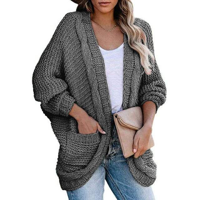 Women Open Front Long Sleeve Chunky Knit Cardigan Sweaters Outwear with Pockets