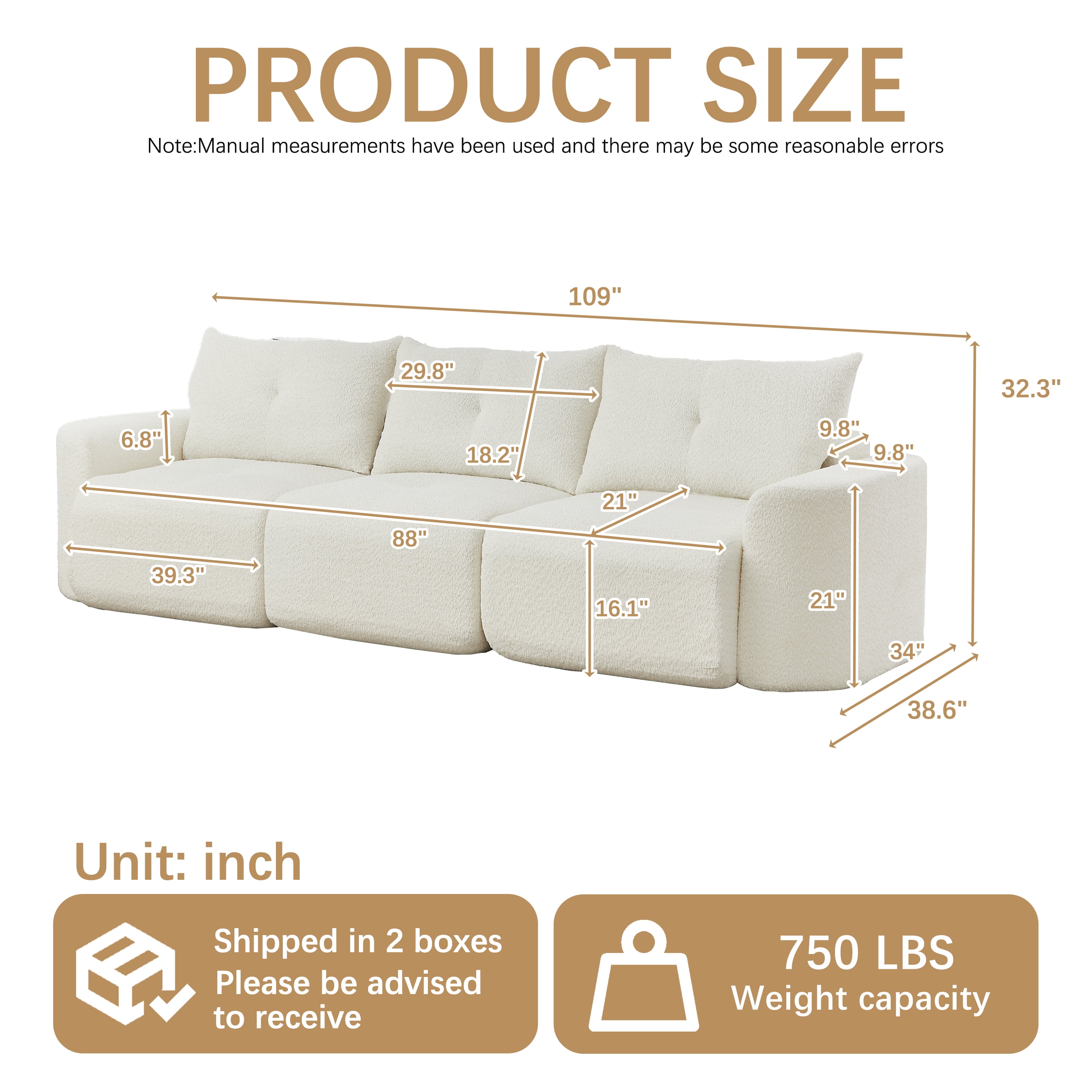 Leumius 109" Chenille Sofa for Living Room,Large Modern 3-Seater Sofa with Thickened Armrests, Upholstered Backrest, Deep Seating Design,Modular Sectional Sofa for Living Room, Office,Beige
